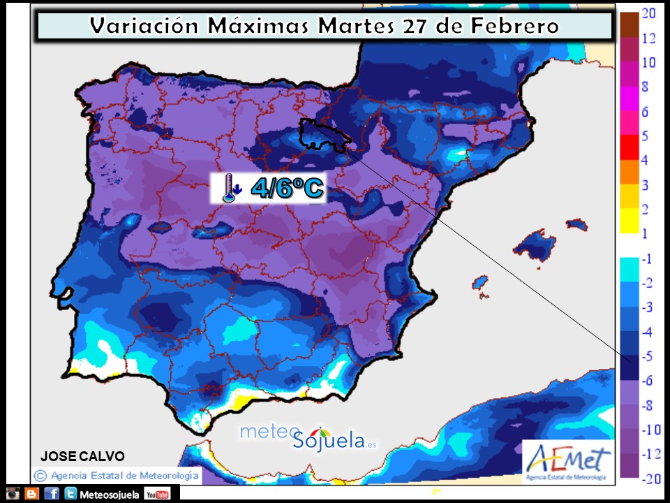 Mapa meteorologico de temperaturas máximas de hoy en La Rioja. Meteosojuela