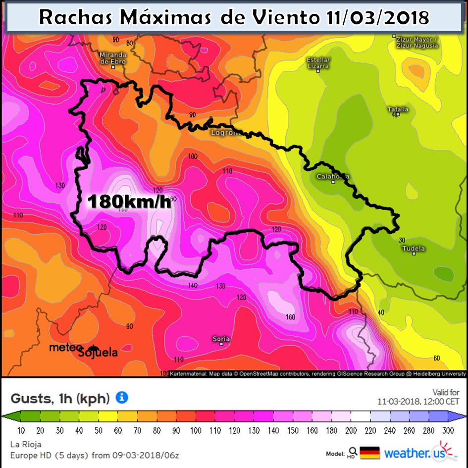 Mapas de rachas máximas de viento. Meteosojuela
