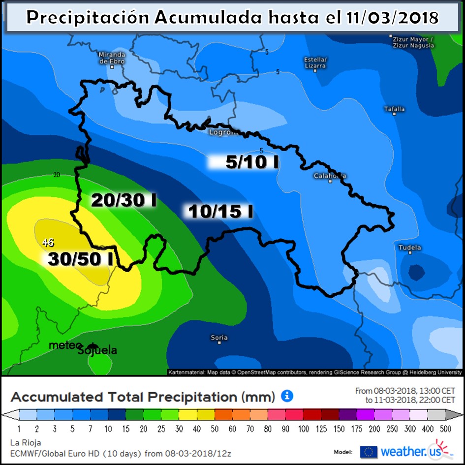 Modelo meteorologico de precipitación acumulada ECWMF.Meteosojuela