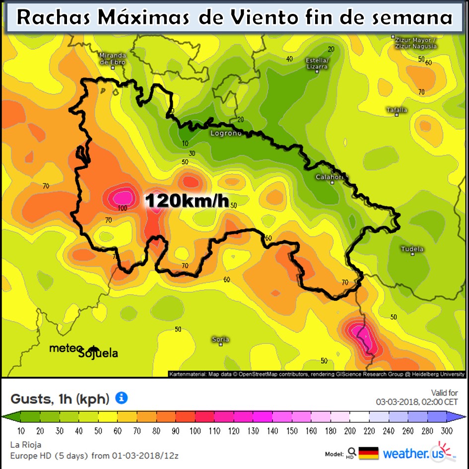 Mapas de rachas máximas de viento. Meteosojuela