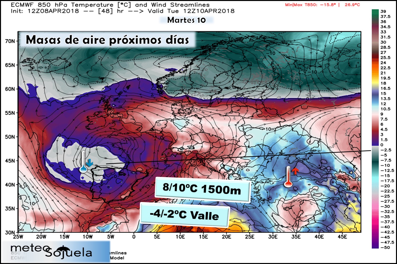 Modelos meteorológicos de masas de aire. Altura Geopotencial 850hPa. Meteosojuela