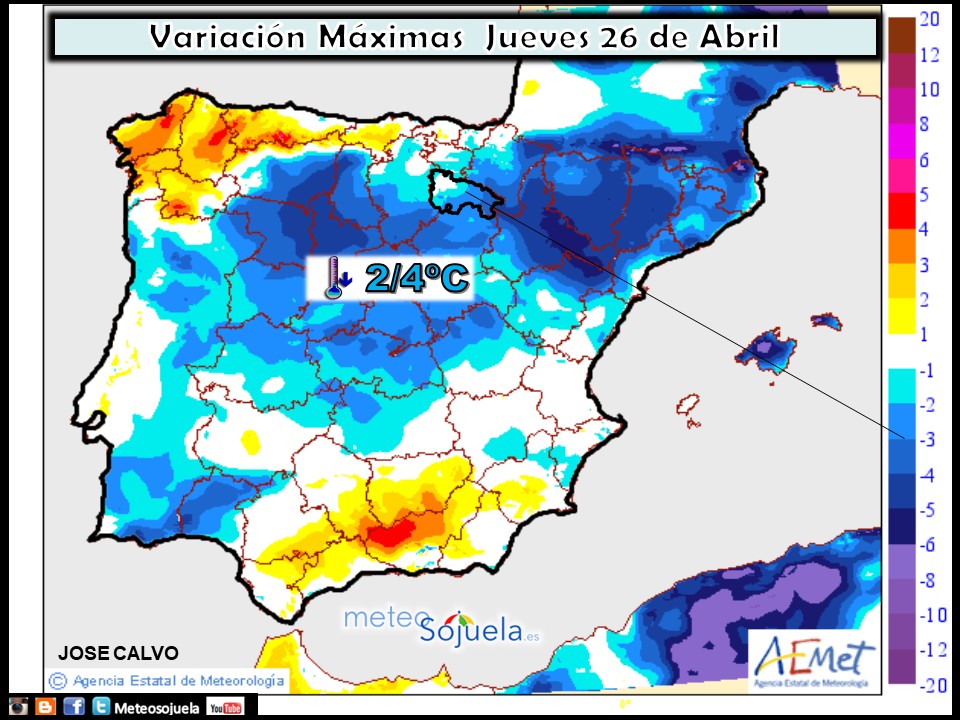 Mapa meteorologico de temperaturas de hoy en La Rioja. Meteosojuela