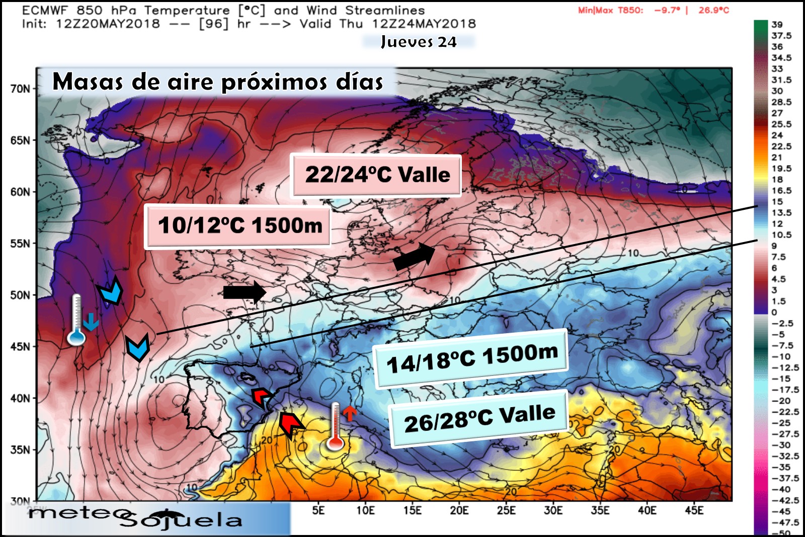 Modelos meteorológicos de masas de aire. Altura Geopotencial 850hPa. Meteosojuela