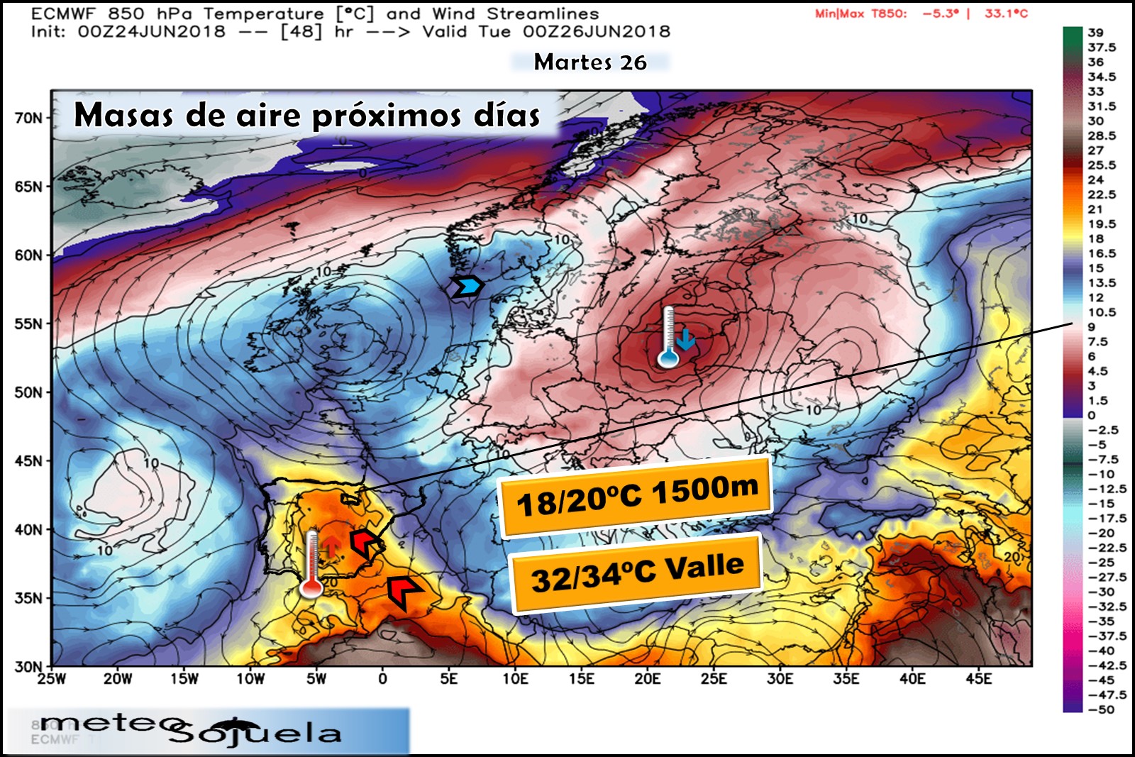 Modelos meteorológicos de masas de aire. Altura Geopotencial 850hPa. Meteosojuela