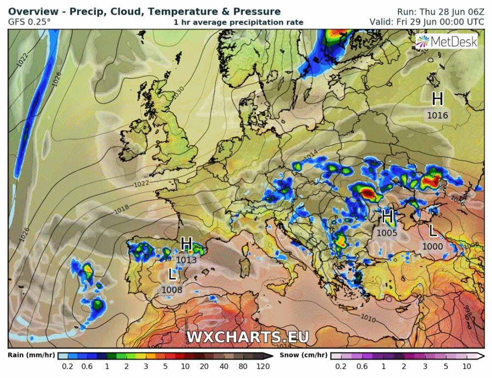 Animación de presión en superficie y frentes. Meteosojuela