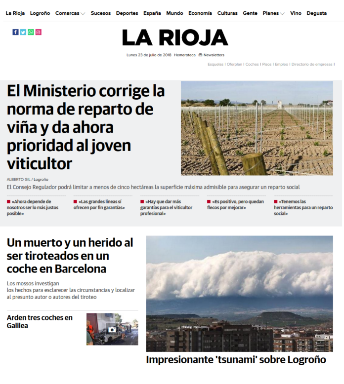 Portada larioja.com2307 Meteosojuela Colaboración con el periódico digital larioja.com. 23/07/2018