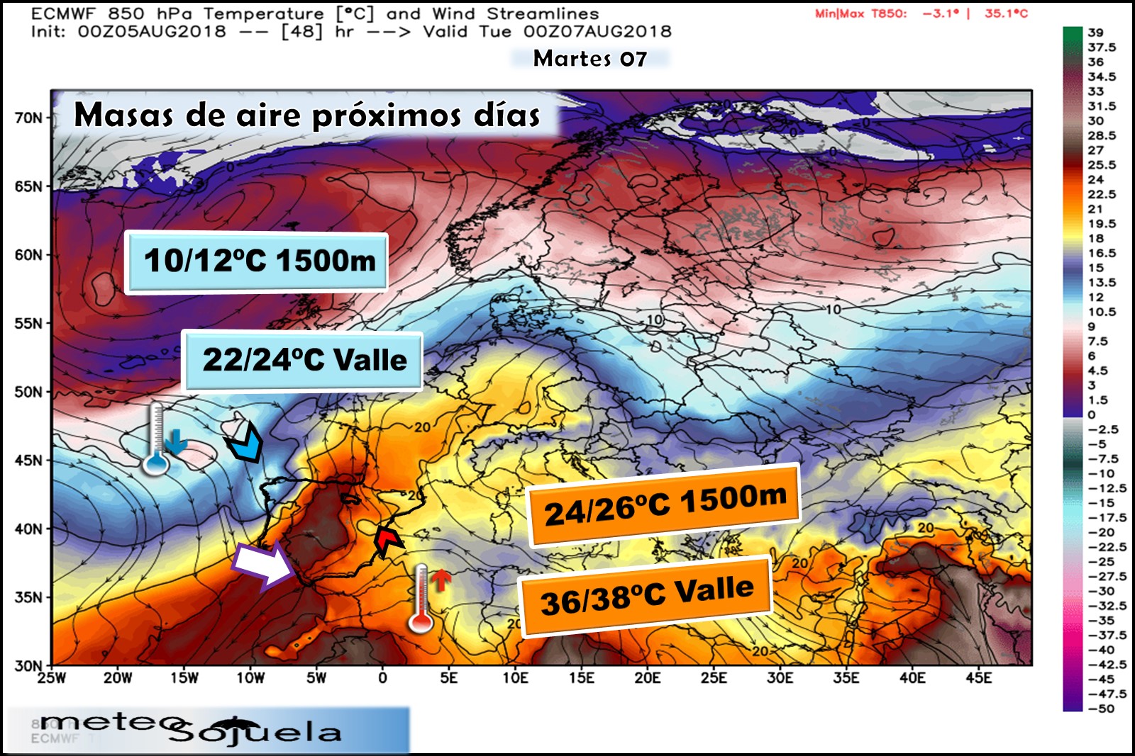 Modelos meteorológicos de masas de aire. Altura Geopotencial 850hPa. Meteosojuela