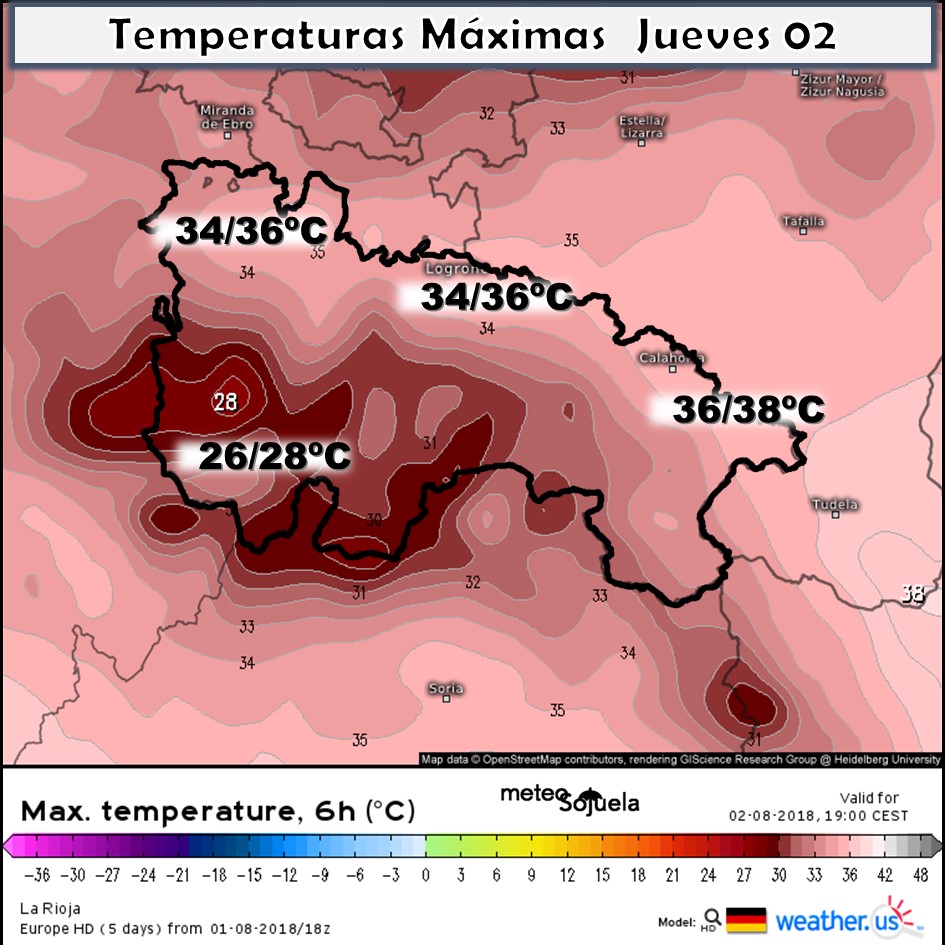 Temperaturas Máximas previstas en nuestra región. Meteosojuela
