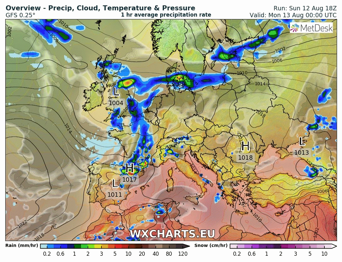 Animación de presión en superficie y frentes. Meteosojuela