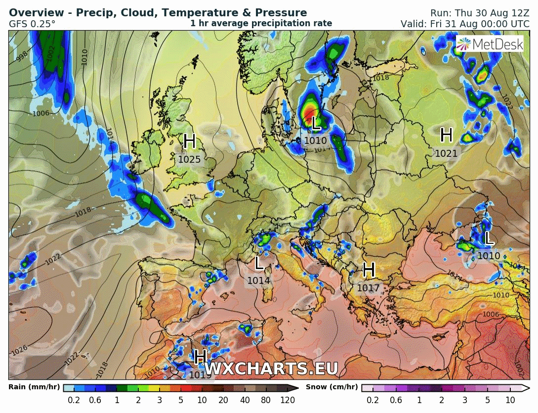 Animación de presión en superficie y frentes. Meteosojuela