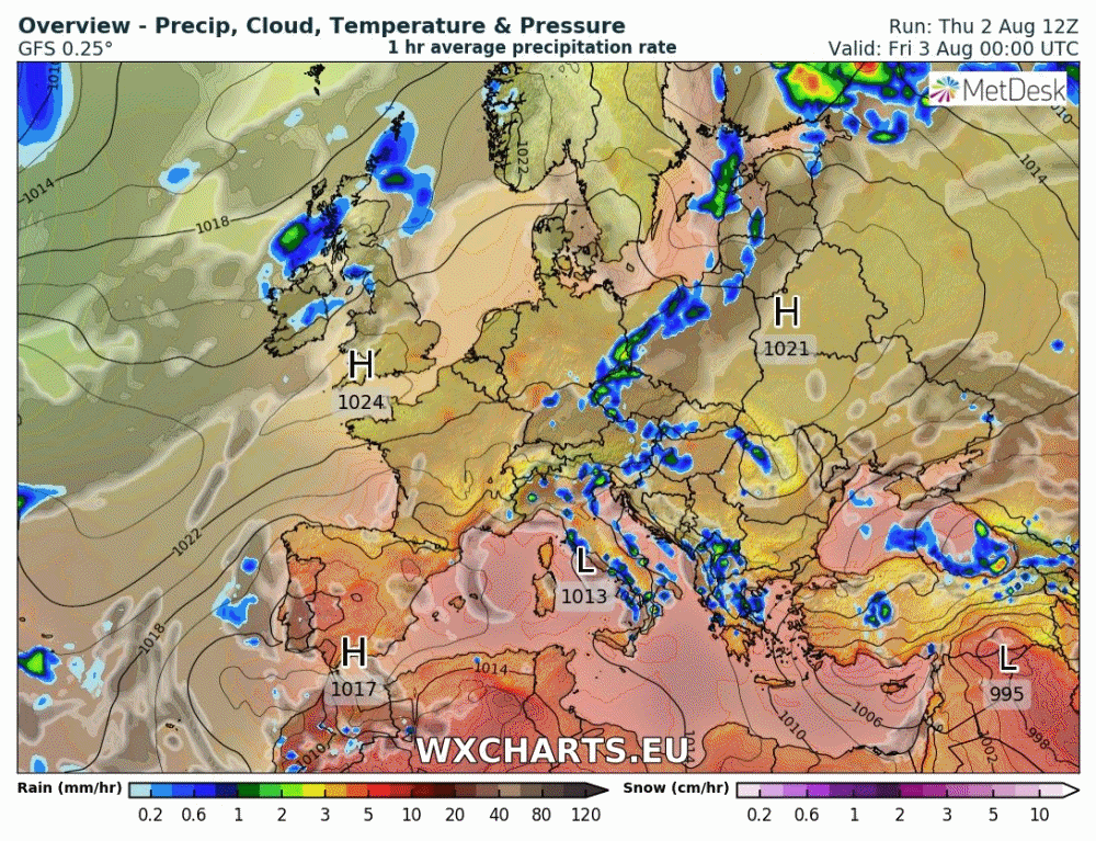 Animación de presión en superficie y frentes. Meteosojuela