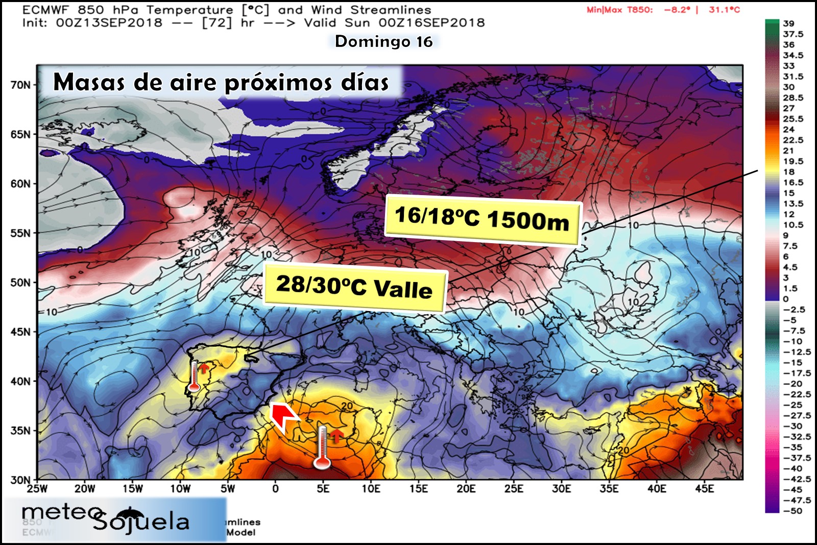 Modelos meteorológicos de masas de aire. Altura Geopotencial 850hPa. Meteosojuela
