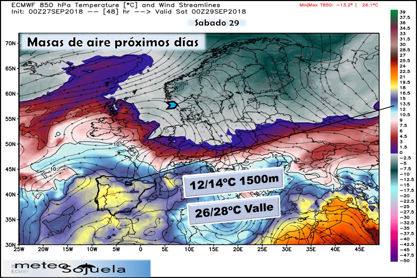 Modelos meteorológicos de masas de aire. Altura Geopotencial 850hPa. Meteosojuela