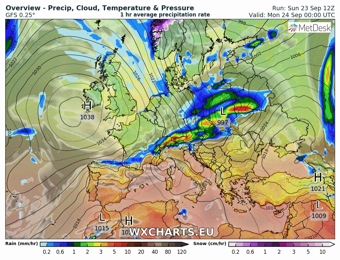 Animación de presión en superficie y frentes. Meteosojuela