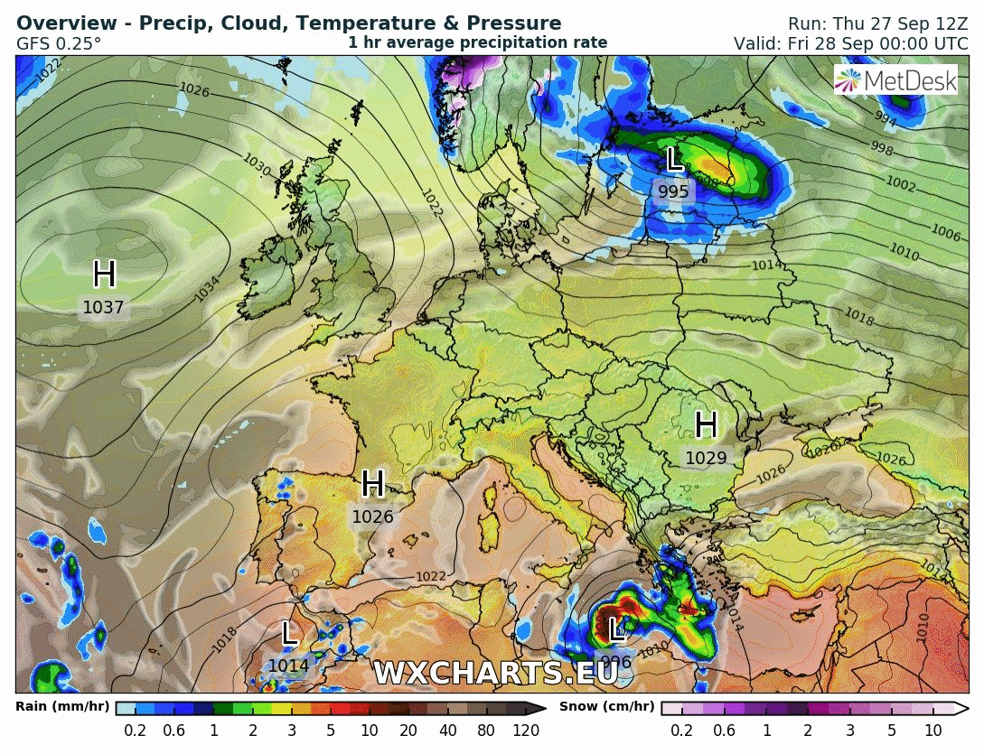 Animación de presión en superficie y frentes. Meteosojuela