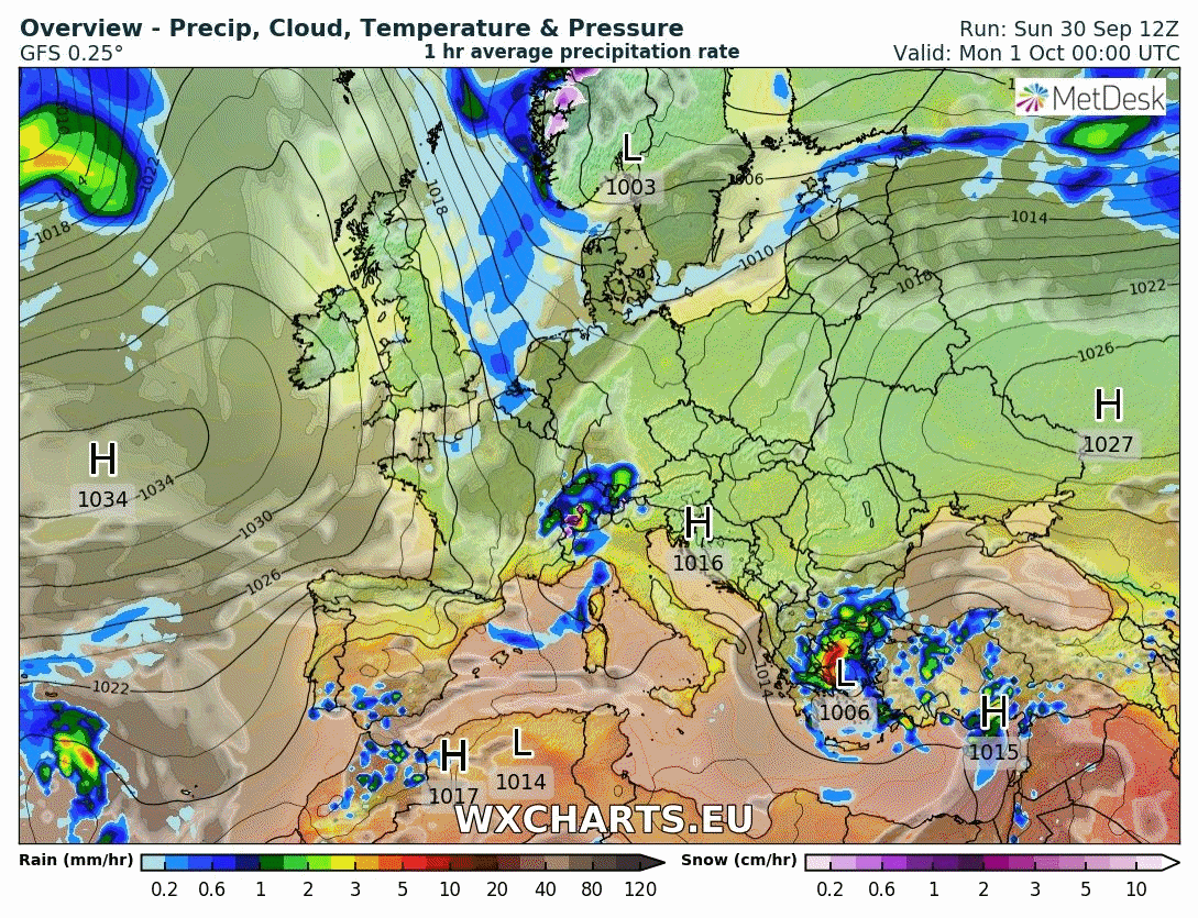 Animación de presión en superficie y frentes. Meteosojuela