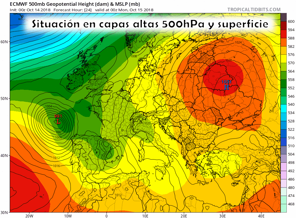Mapa de Altura Geopotencial a 500hPa presión en superficie. Meteosojuela