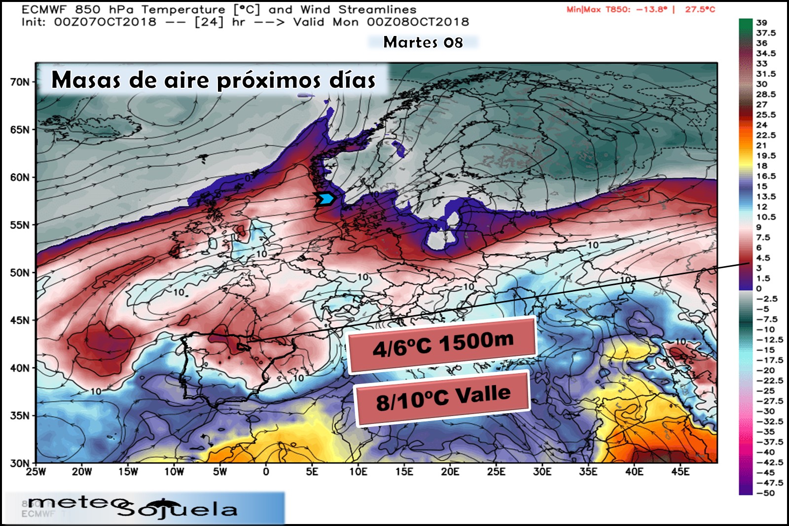 Modelos meteorológicos de masas de aire. Altura Geopotencial 850hPa. Meteosojuela