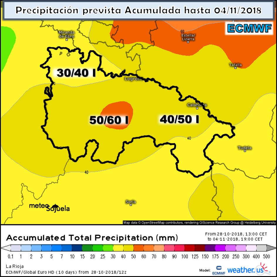 Modelo meteorologico de precipitación acumulada ECMWF. Meteosojuela