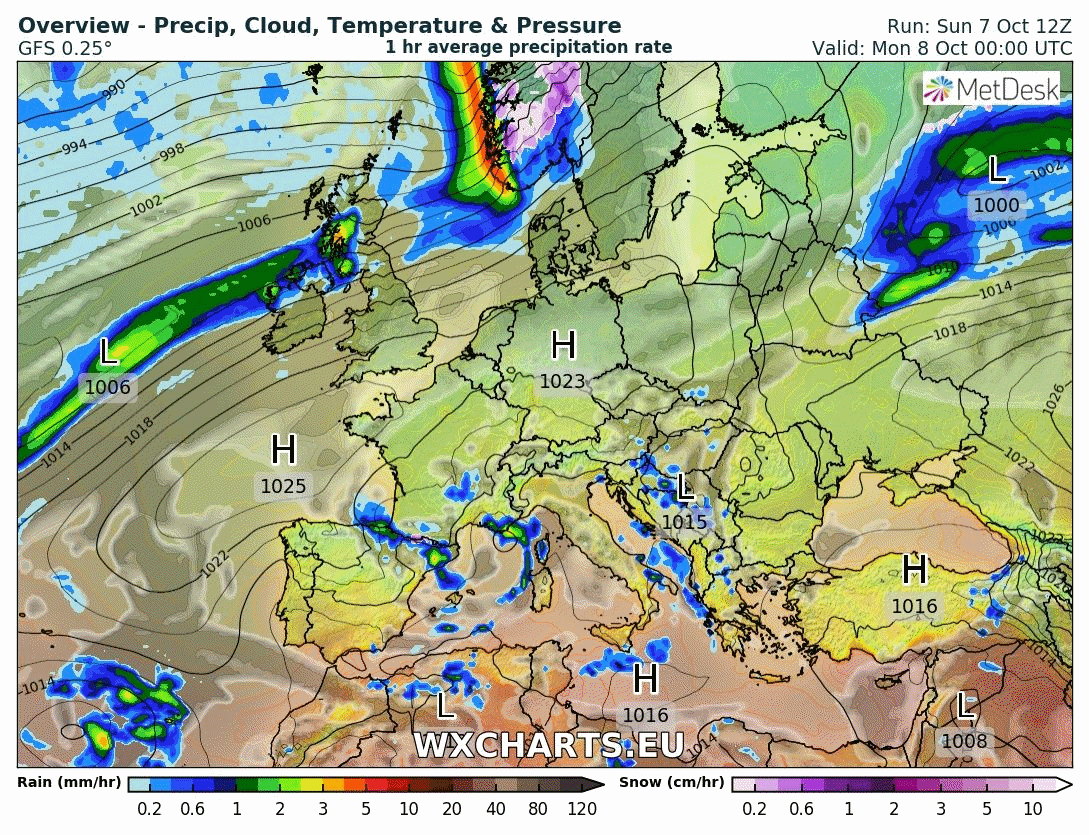 Animación de presión en superficie y frentes. Meteosojuela