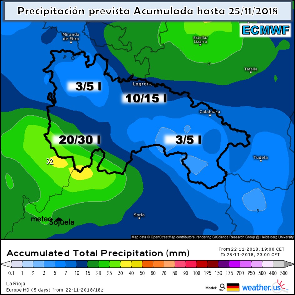 Precipitación acumulada ECMWF. Meteosojuela
