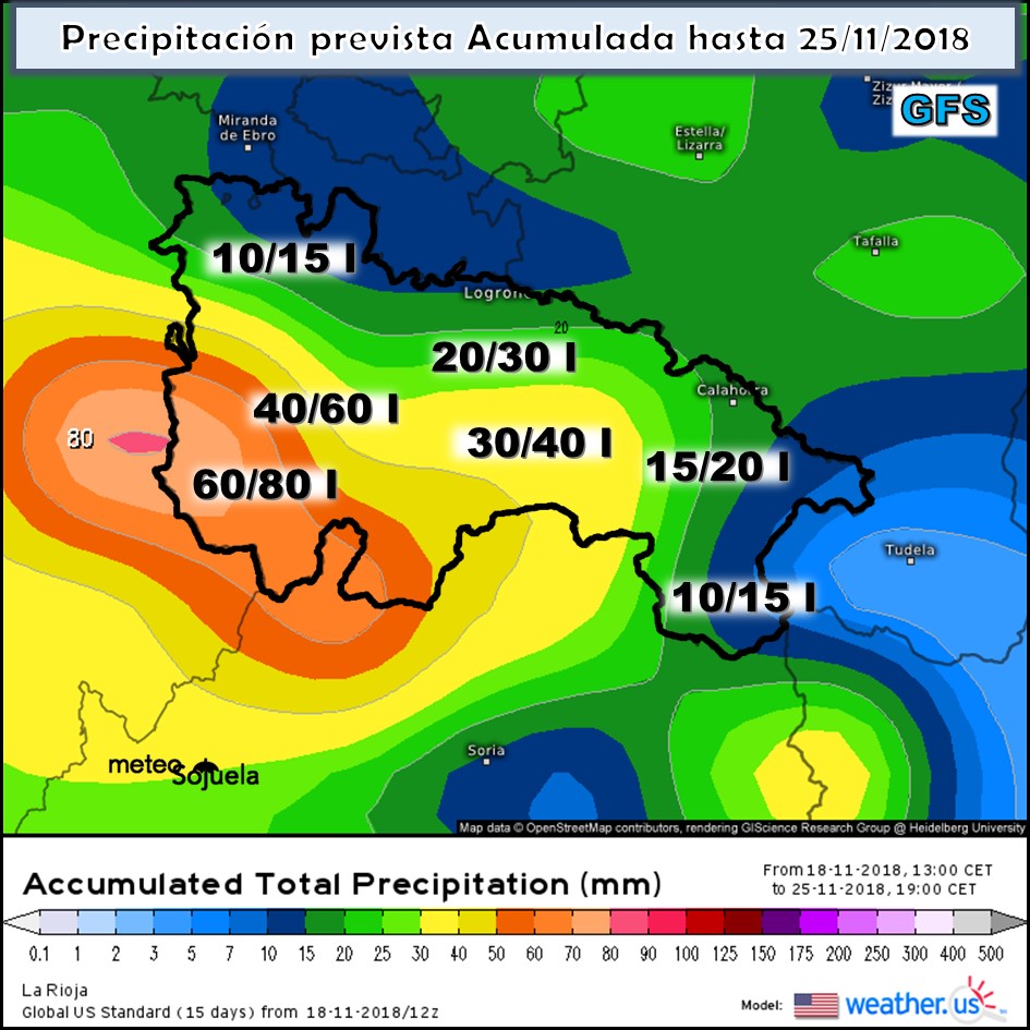 Precipitación acumulada GFS. Meteosojuela