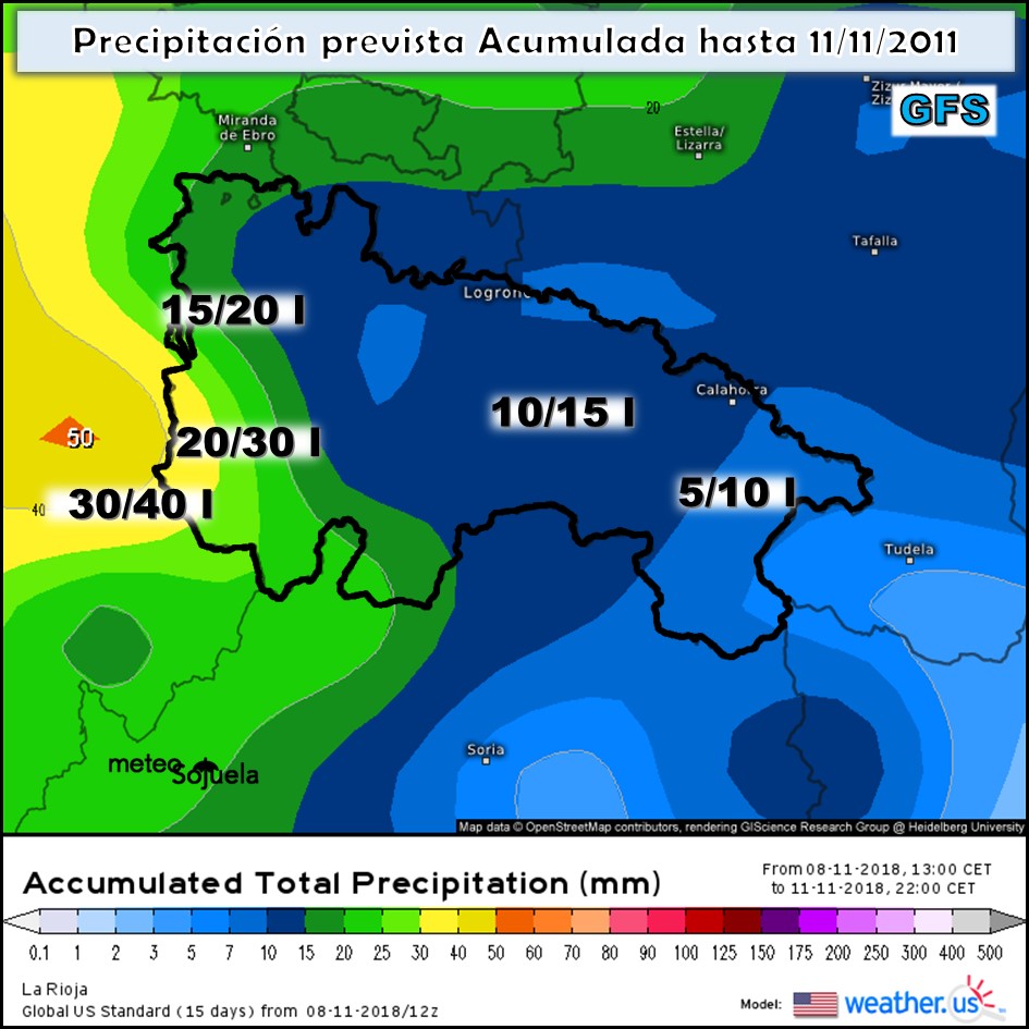 Precipitación lluvia acumulada. WetaherUs. Meteosojuela GFS