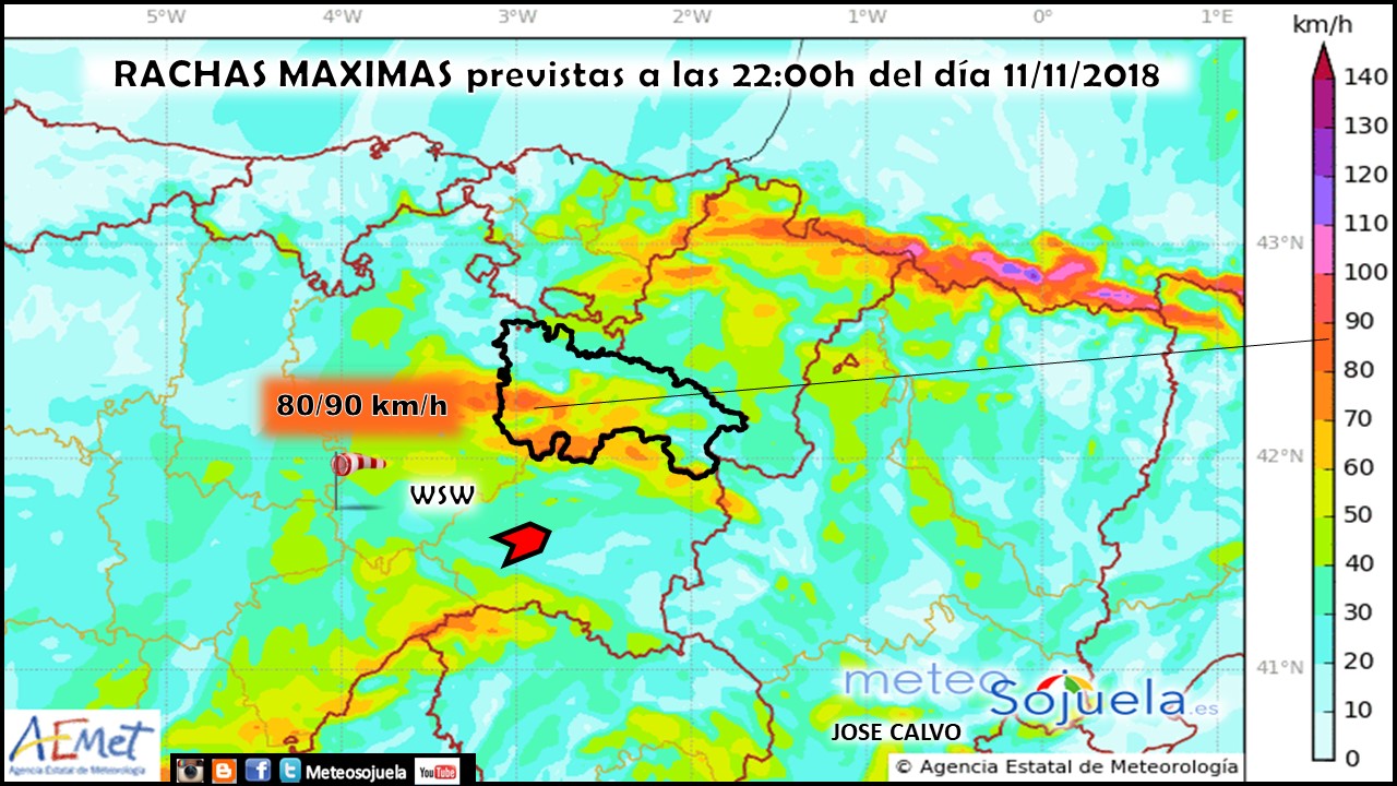 Rachas máximas de viento previstas por modelo HARMONIE. Meteosojuela