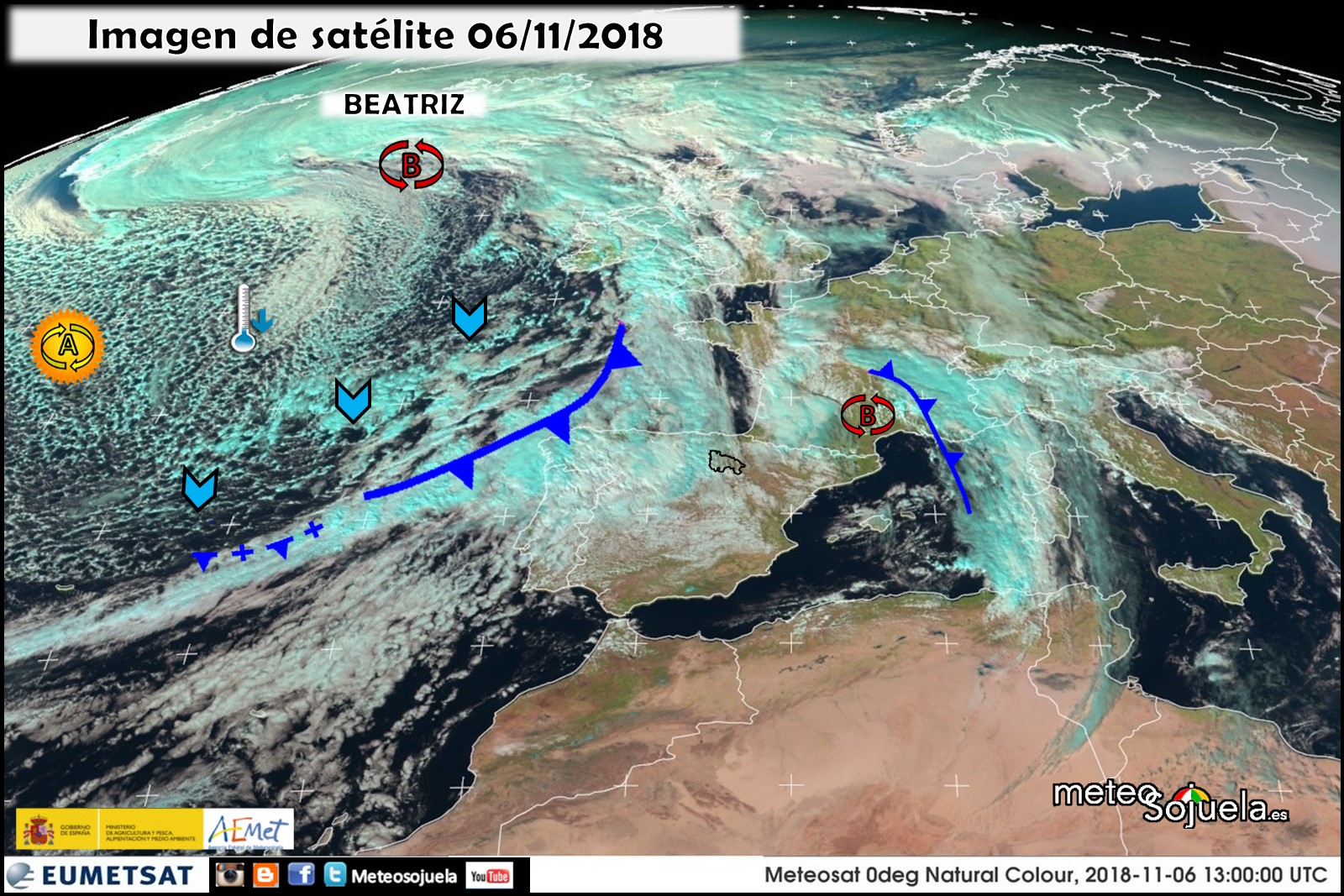 Imagenes de satélite, nubes bajas y cirrus. Meteosojuela.