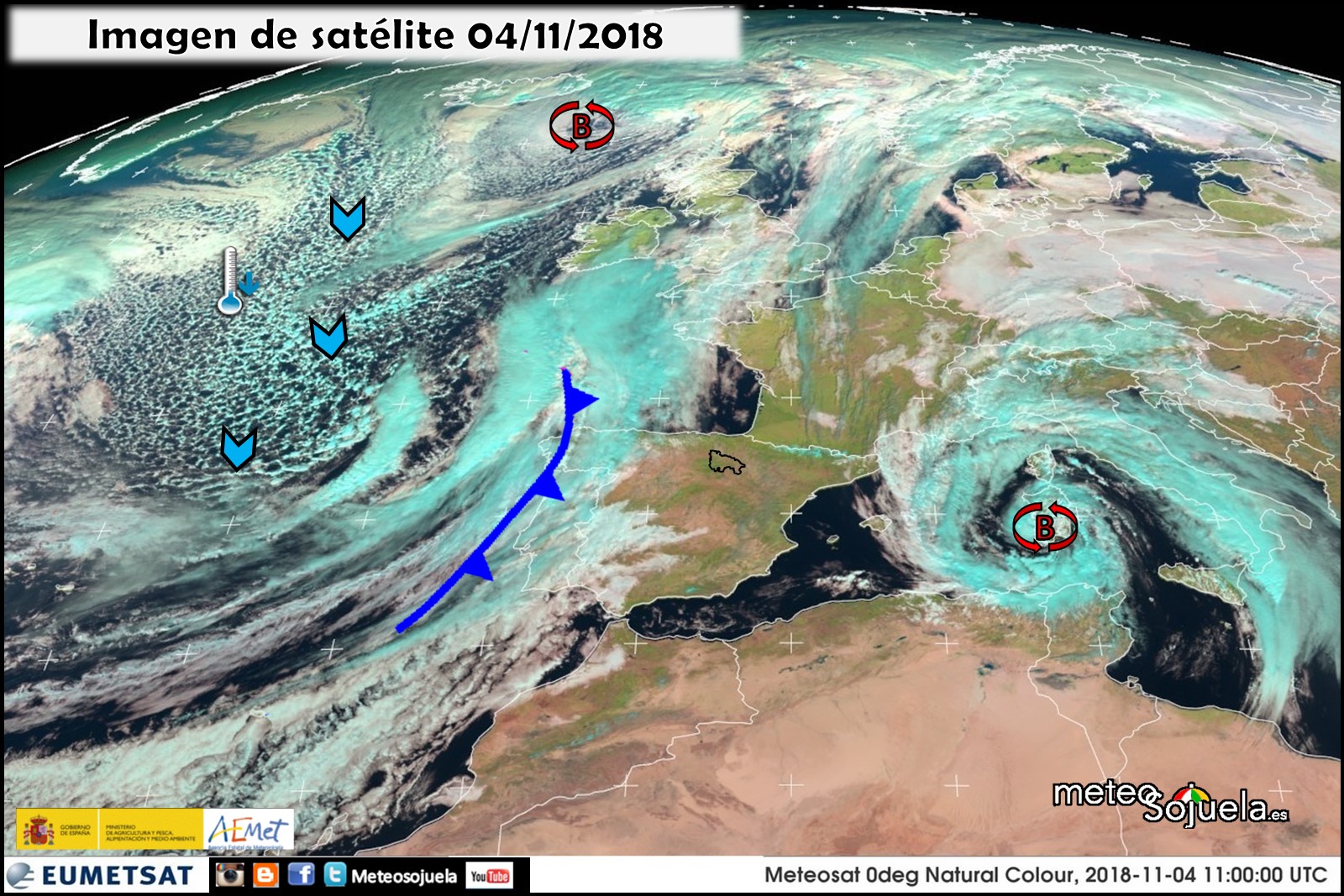 Imagenes de satélite, nubes bajas y cirrus. Meteosojuela.