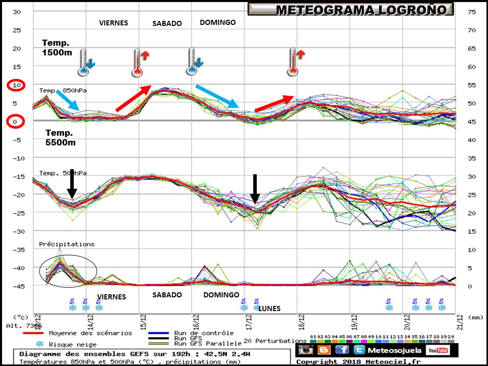 Ensemble de temperaturas y precipitación Logroño. Meteosojuela