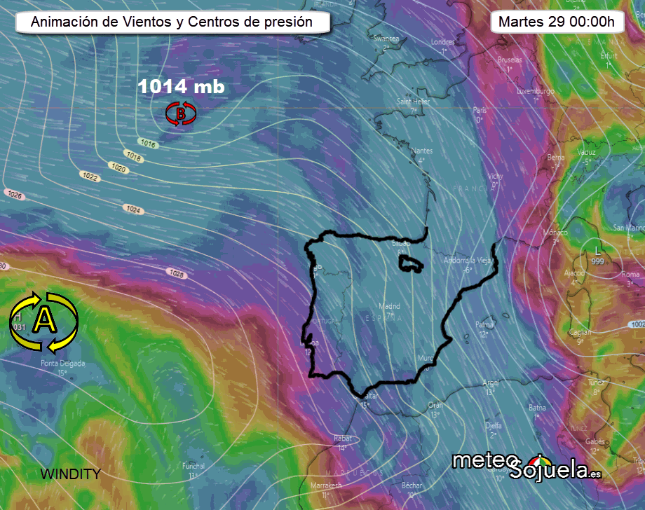 Animación centros de presión y vientos Gabriel. Meteosojuela