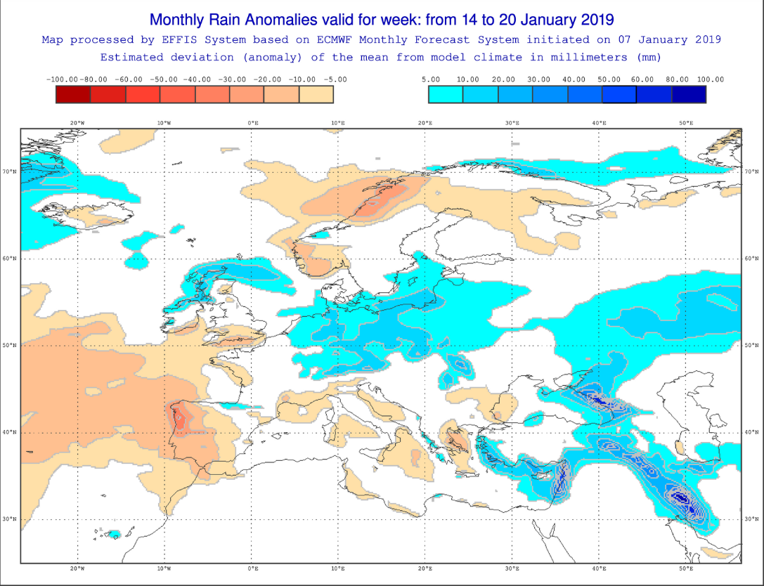 Anomalías Precipitación Enero 3 semana ECMWF