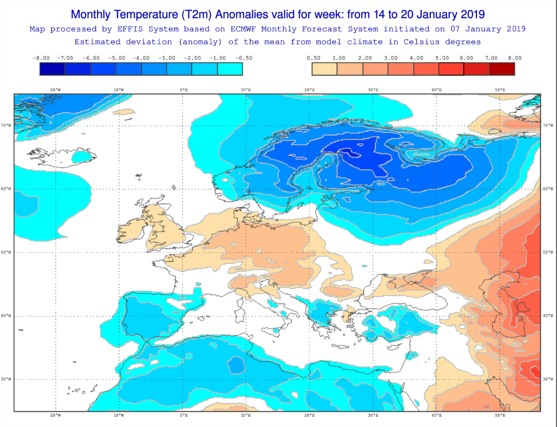 Anomalías Temperaturas Enero 3 semana ECMWF
