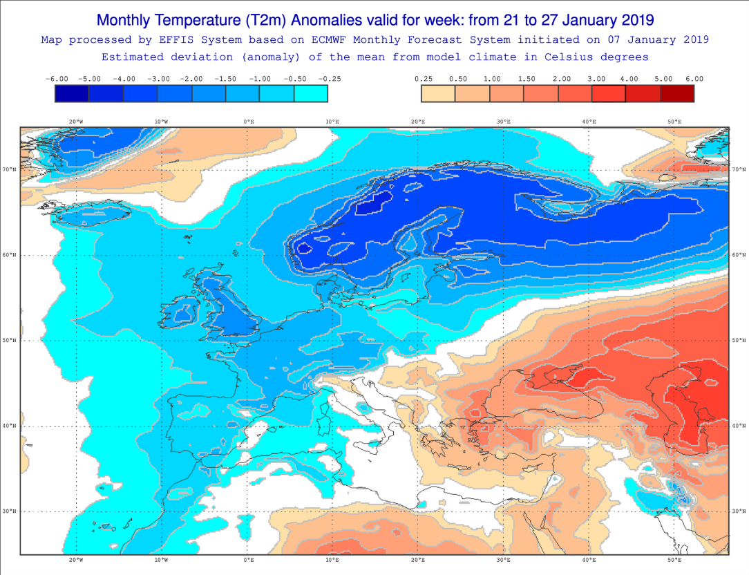 Anomalías Temperaturas Enero 4 semana ECMWF