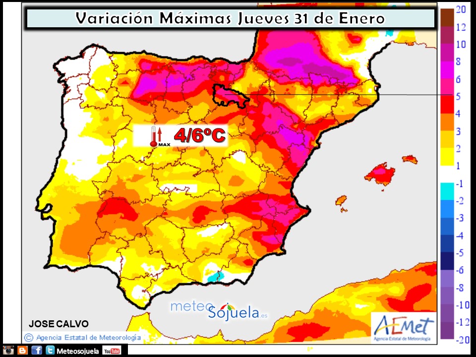 Variación de temperaturas máximas AEMET. Meteosojuela
