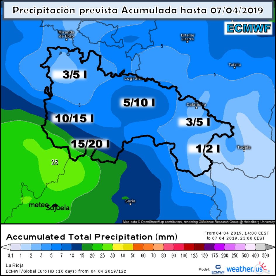 Precipitación acumulada ECMWF. Meteosojuela