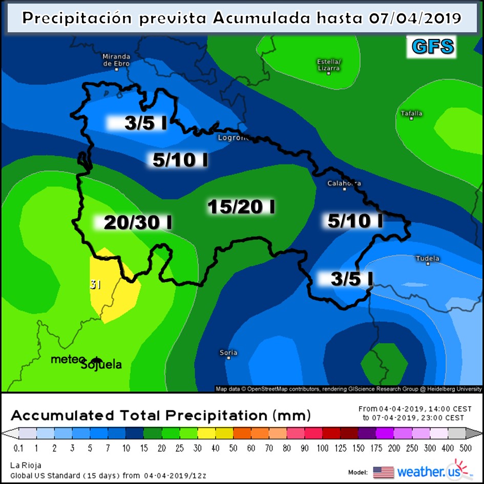 Precipitación acumulada GFS. Meteosojuela