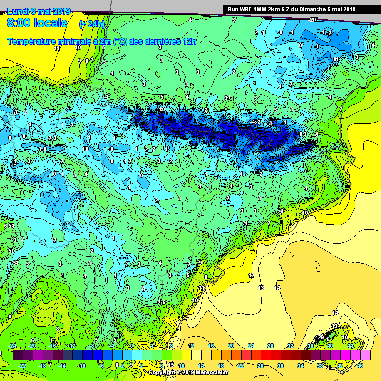 Temperaturas Minimas Lunes. WRF. Meteosojuela