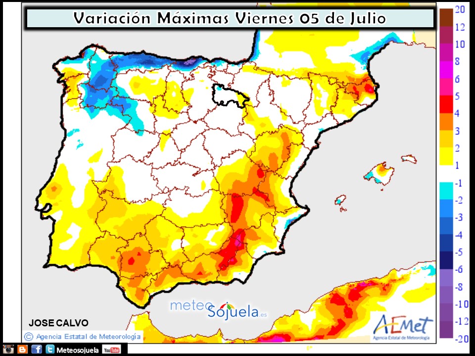 Variación de temperaturas máximas AEMET. Meteosojuela
