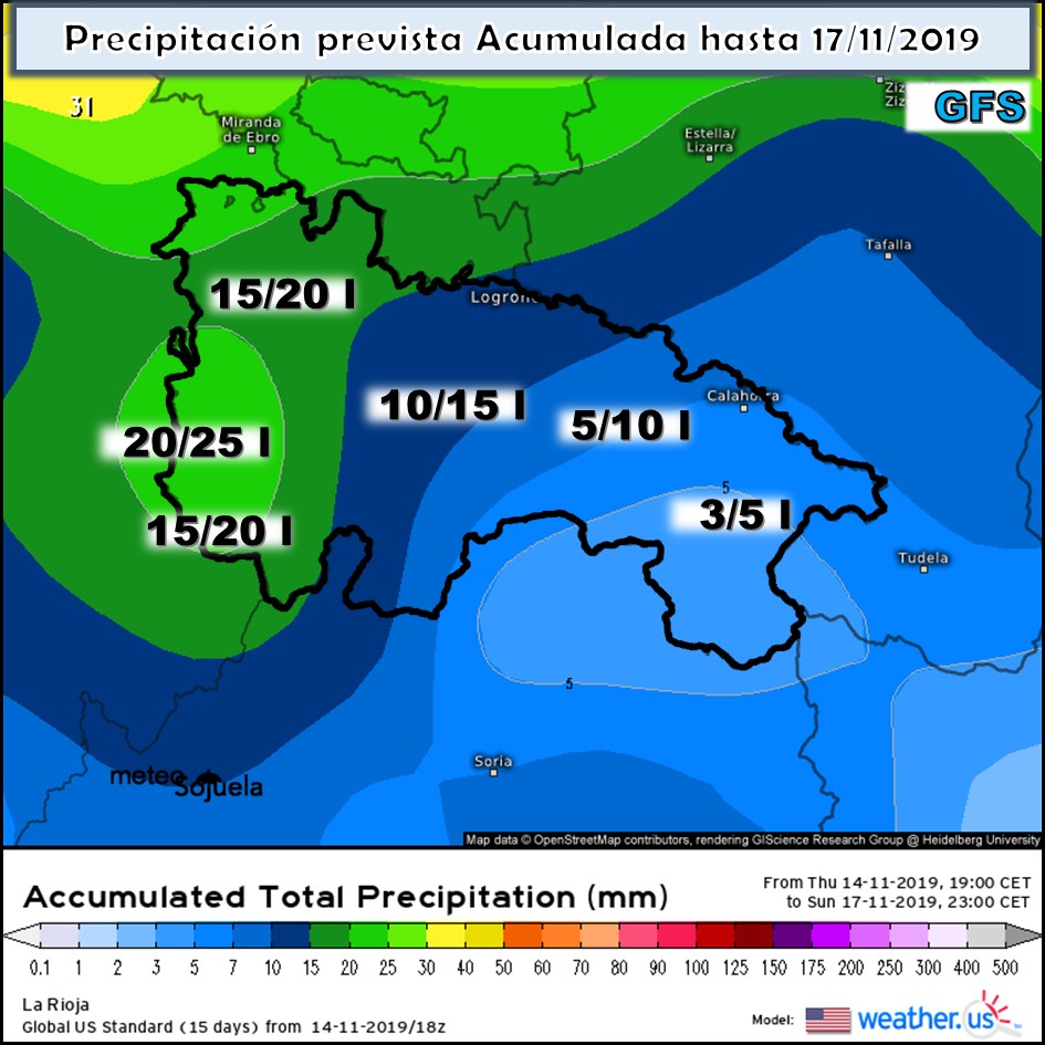 Precipitación acumulada GFS. Meteosojuela