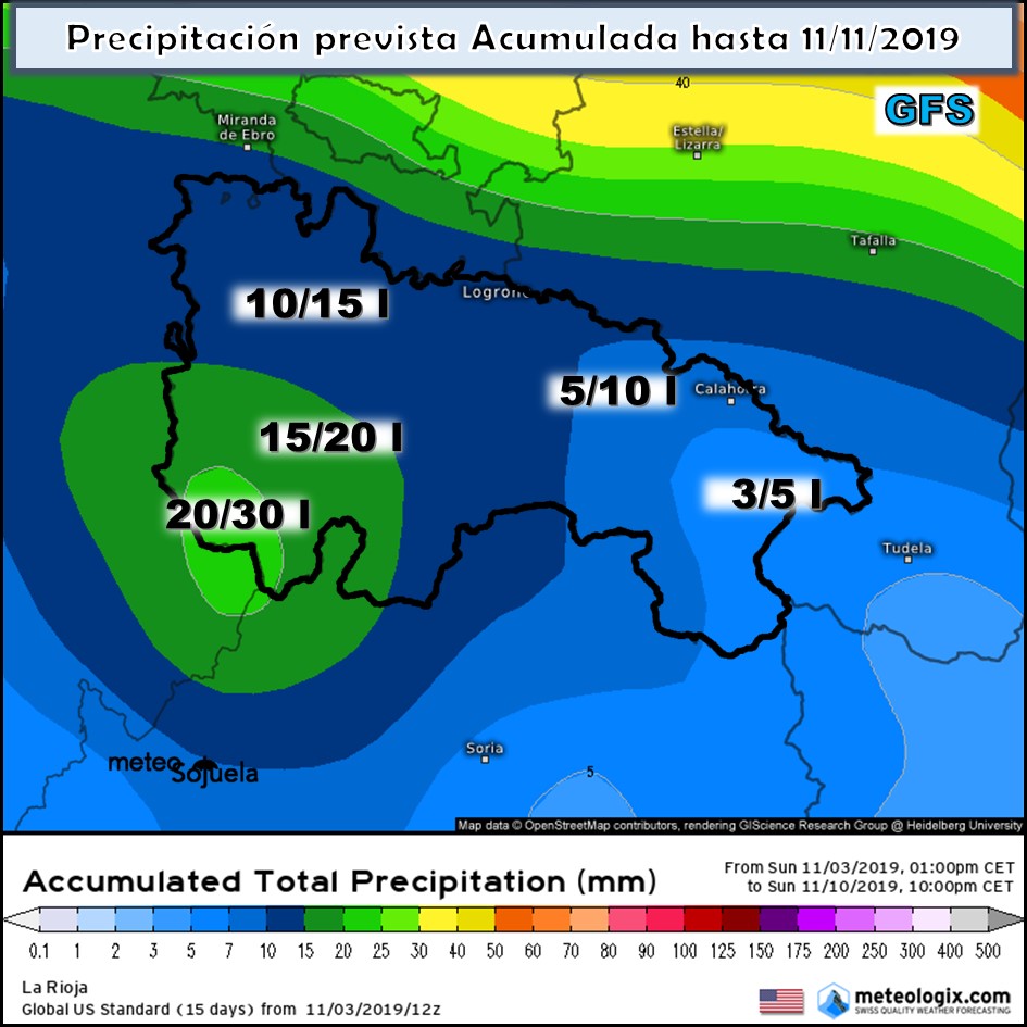 Precipitación acumulada GFS. Meteosojuela