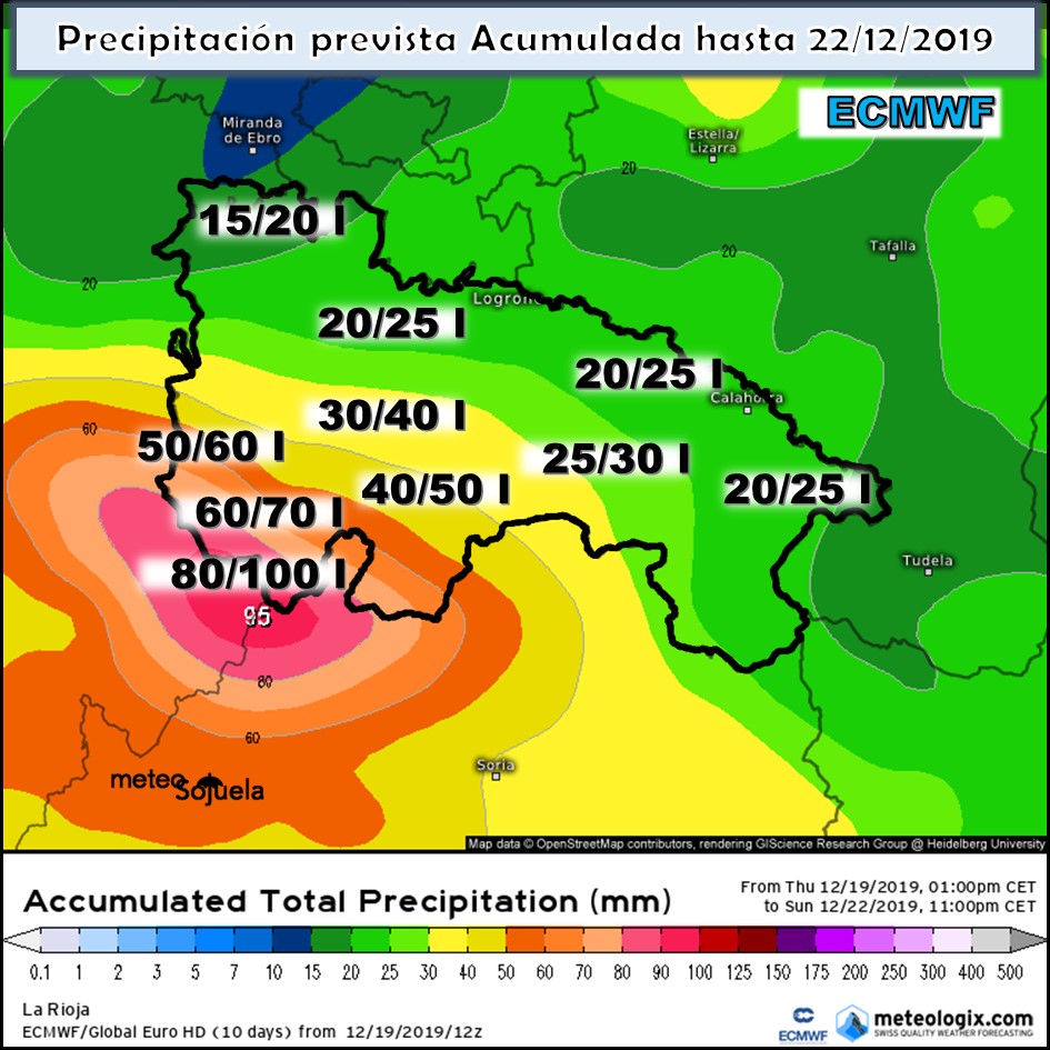 Precipitación acumulada ECMWF. Meteosojuela