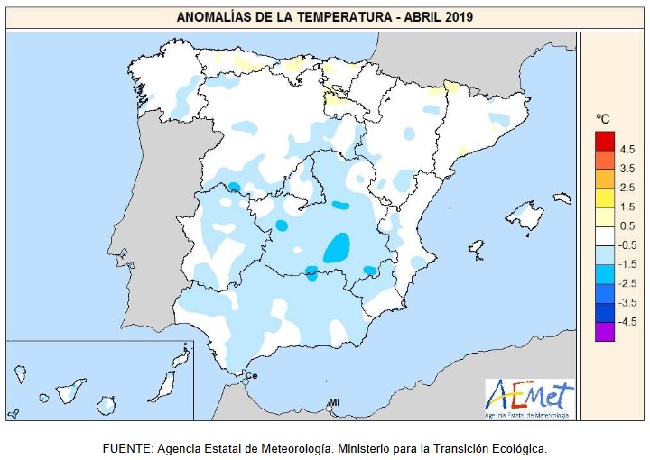 Anomalía Temperaturas Abril 2020. aemet. Meteosojuela