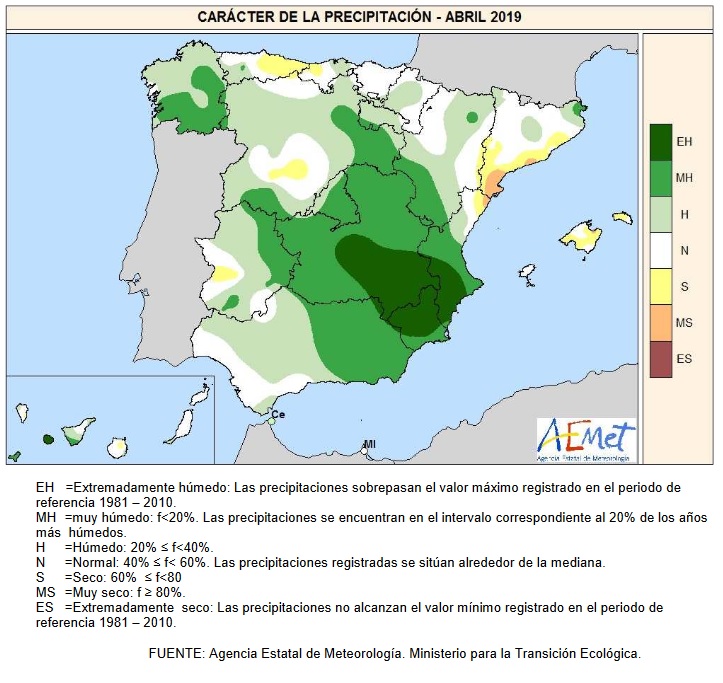 Caracter precipitación Abril 2020 Península . AEMET. Meteosojuela