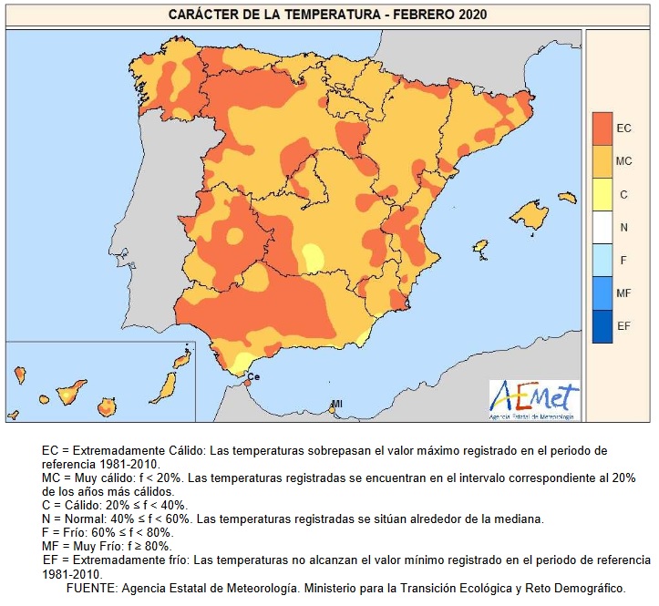 Caracter temperatura Febrero 2020 Península . AEMET. Meteosojuela