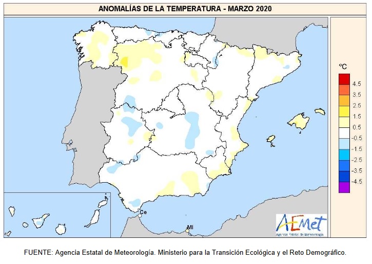 Anomalía Temperaturas Marzo 2020 Península . AEMET. Meteosojuela