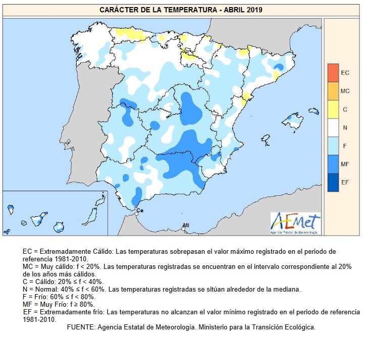 Caracter temperatura Abril 2020 Península . AEMET. Meteosojuela