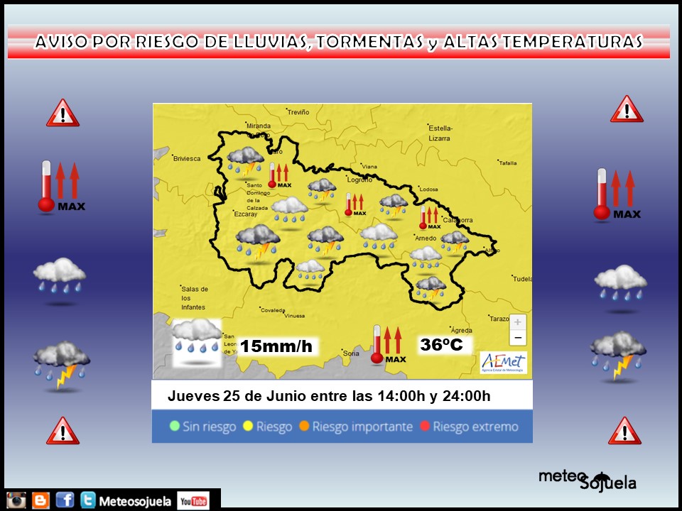 Aviso Amarillo por Lluvias,Tormentas y Altas Temperaturas. AEMET. Meteosojuela.