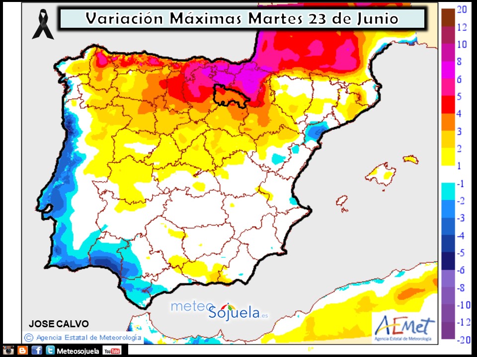 Variación de temperaturas máximas AEMET. Meteosojuela
